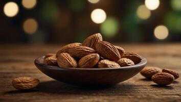 almonds on wood table with light in corner of the image. photo