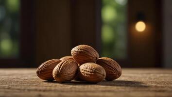 almonds on wood table with light in corner of the image. photo