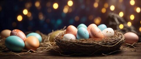 beautiful easter background with colored eggs in a nest volumetric light, copy space holiday lights space for text. photo