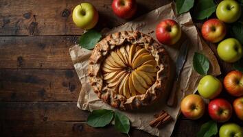 apple and cinnamon galette,Apple crostata pie with cinnamon served with fresh garden apples with leaves on rustic wooden background, top view, horizontal composition. photo