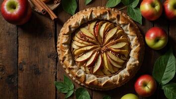 apple and cinnamon galette,Apple crostata pie with cinnamon served with fresh garden apples with leaves on rustic wooden background, top view, horizontal composition. photo