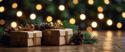 christmas and new year background - gift boxes and pine cones and branches on the background of bokeh garlands. photo