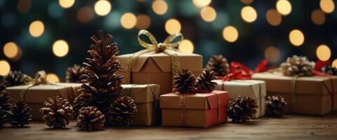 christmas and new year background - gift boxes and pine cones and branches on the background of bokeh garlands. photo