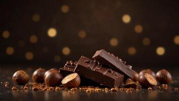 hazelnut dark chocolate chunks on brown background with copyspace, milk chocolate bar pieces with scattered nuts on brown chocolate background, copy space. photo