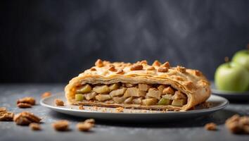 homemade flavored apple strudel in a plate on a gray concrete background with space for text. photo