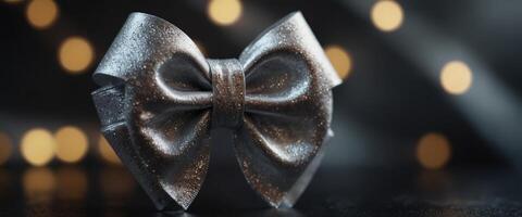 silver shiny ribbon bow on blurred background. photo