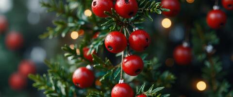 red holly berries and Christmas tree with festive defocused bokeh, holidays background. photo