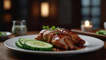 side view of traditional asian food peking duck with cucumbers and sauce on a plate. photo