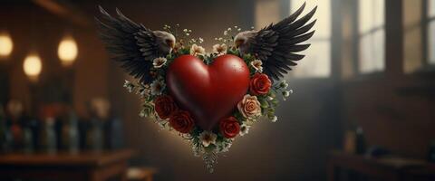 tattoo in traditional style of a flying heart with flowers and banner. photo