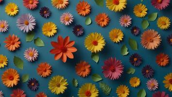 top view of colorful paper cut flowers with green leaves on blue background with copy space. photo
