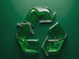 view of recycle sign from crumpled plastic bottles on green background, ecology concept. photo
