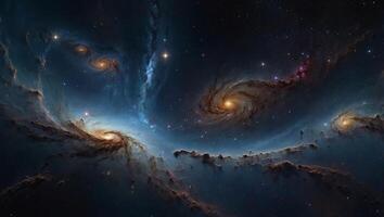 5h Panoramic shot of a distant galaxy, with swirling nebulae, glittering star clusters, and mysterious black holes, showcasing the vastness and beauty of outer space. photo