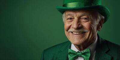 A cheerful elderly man in a tall green hat and bow tie, with a wide smile on a green background The concept of celebrating St Patrick's Day. photo