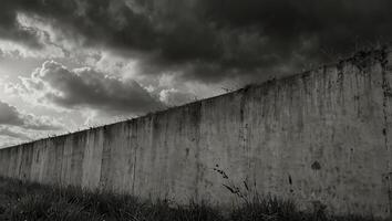 A close up of a grey concrete wall with a cloudy sky in the background, capturing the monochrome beauty of the landscape with grass and twigs. photo