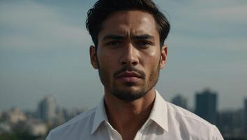 A close-up of a person wearing a white shirt, showcasing their expression and attire with a simple background. photo