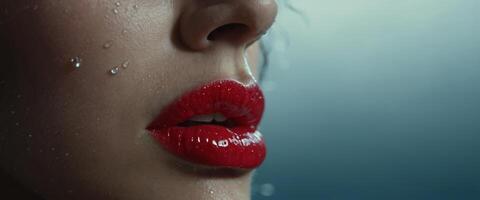 A close up of a red lip with water droplets surrounding it The lip is in the middle of the water droplets, creating a sense of depth and movement. photo