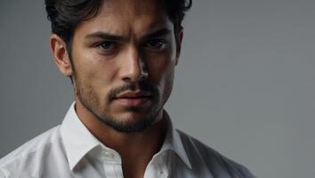 un de cerca de un persona vistiendo un blanco camisa, exhibiendo su expresión y atuendo con un sencillo antecedentes. foto