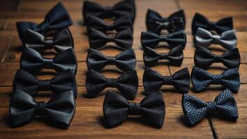 A collection of black bow ties neatly arranged on top of a wooden table. photo