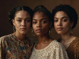 A diverse group of women with varying skin tones, united in their unique beauty and identities United Beauty Diverse Skin Tones. photo