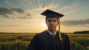 A graduate stands in a field with a sun in the background. photo