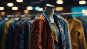 A display of trendy clothing items with subtle particle designs showcasing the intersection of science and fashion. photo