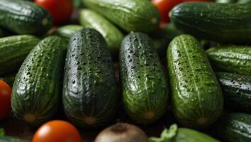 A group of cucumbers, along with various other fresh vegetables, neatly arranged on a table. photo