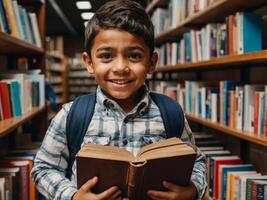 A excited child holding a stack of books in his arms in a bookstore, getting ready for the new school year with enthusiasm and new books,back to school concept. photo
