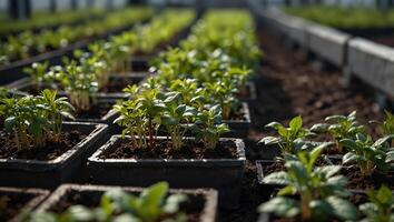 A high-angle shot of a greenhouse filled with rows of young plants in various stages of growth inside a planter. photo