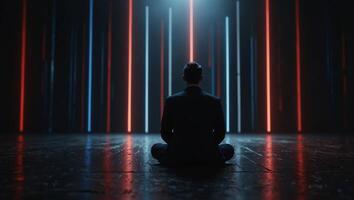 A lone figure sits in a meditative pose in a vast, empty space The figure is surrounded by glowing red and blue lines The figure is wearing a black suit and has its eyes closed. photo
