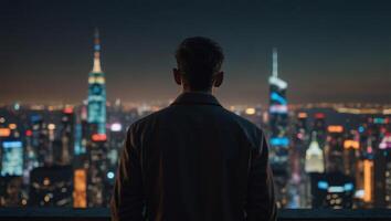 A man looking at the skyline of a super populated city of the future with large illuminated skyscrapers and flying structures. photo