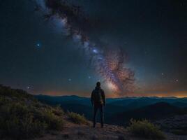 A man stands in awe before a vast expanse of stars and galaxies, surrounded by the infinite beauty of the universe. photo