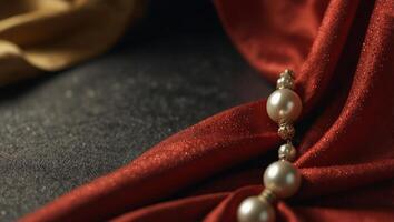 A modern background template with a red vintage fabric drape and a shiny pearl, representing a luxury jewelry item. photo