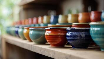 A row of colorful pottery on a shelf with a row of colorful bowls. photo