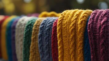 A row of colorful knitted items with a yellow one in the middle. photo