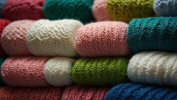 A row of colorful knitted items, including a pink and white item, a blue item, and a green item. photo