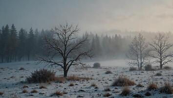 A serene winter landscape emerges from the thick fog, with a soft blue and white color palette capturing the beauty of nature. photo