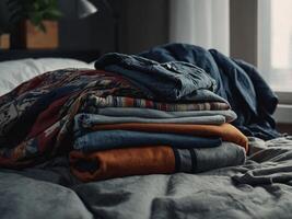 A stack of various clothing items sitting on top of a bed, with space around for more items. photo