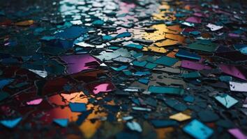 A shattered mirror reflecting fragments of a vibrant spectrum, representing the beauty found in broken yet resilient hearts. photo