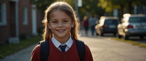 A smiling child going to school on the first day after the holidays The concept of the end of the holidays and the start of the school year. photo