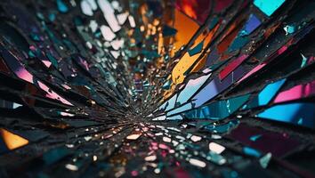 A shattered mirror reflecting fragments of a vibrant spectrum, representing the beauty found in broken yet resilient hearts. photo