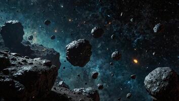 A stunning view of floating asteroids in deep space, showcasing the vastness and beauty of the cosmos. photo
