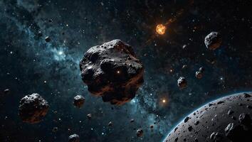 A stunning view of floating asteroids in deep space, showcasing the vastness and beauty of the cosmos. photo
