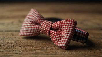 A traditional butterfly bow tie made from red gingham fabric. photo