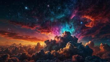 A vibrant digital artwork displaying a cosmic cloudscape with a dazzling array of colors. photo