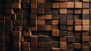 A wall constructed entirely of wooden blocks, creating a unique and sturdy structure. photo