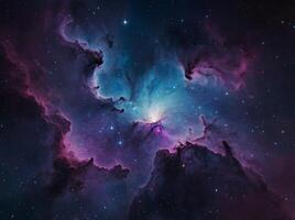 A vibrant cosmic scene featuring a nebula with hues of blue and purple amidst a starry backdrop, showcasing the beauty of outer space. photo