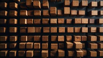 A wall constructed entirely of wooden blocks, creating a unique and sturdy structure. photo