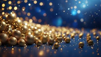 Abstract festive background with shimmering gold particles and twinkling lights and bokeh effect on a blue background. photo