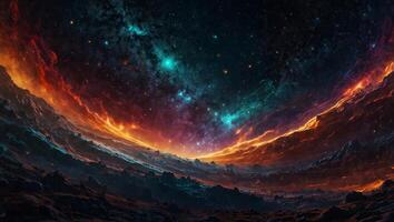 Abstract cosmic landscape with colorful waves and celestial bodies evoking the beauty of space for a mesmerizing backdrop. photo