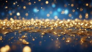Abstract festive background with shimmering gold particles and twinkling lights and bokeh effect on a blue background. photo